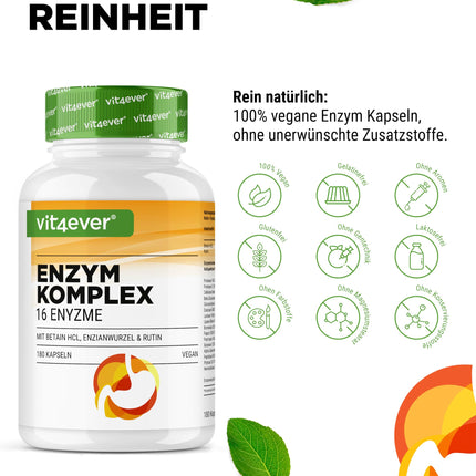 Gremošanas enzīmi - 180 kapsulas ar 16 enzīmiem, kā arī betaīna hidrohlorīdu, rutīnu un genciānas sakni - ar bromelaīnu, papaīnu, amilāzi, lipāzi, proteāzi, laktāzi - vegāns - augsta deva