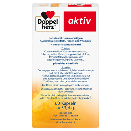 Doppelherz Curcuma 750 ar kurkumīnu + D3 vitamīnu 1000 SV – D vitamīns veicina normālu imūnsistēmas darbību – 60 kapsulas