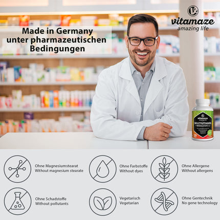 Multivitamīnu kapsulas ar augstu devu, 23 vērtīgi vitamīni AZ un minerālvielas, 120 veģetārās kapsulas 4 mēnešiem, optimāli apvienotas dzīvībai svarīgas vielas un mikroelementi