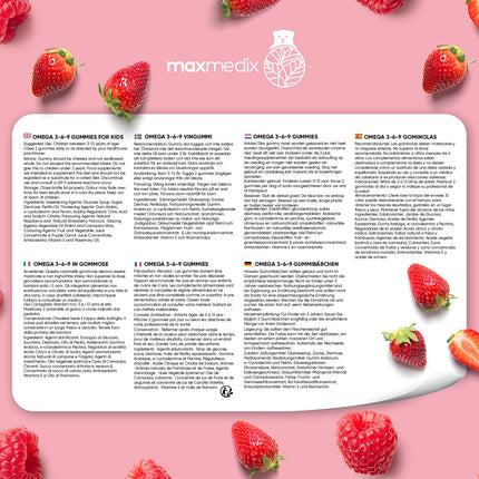 Omega 3 6 9 želejkonfektes bērniem - 400 mg perillas eļļas nodrošina Omega 3, Omega 6 un Omega 9 vienā porcijā - 120 vegānas želejkonfektes - 2 mēnešu krājumi - taukskābes ar zemeņu un aveņu garšu - maxmedix