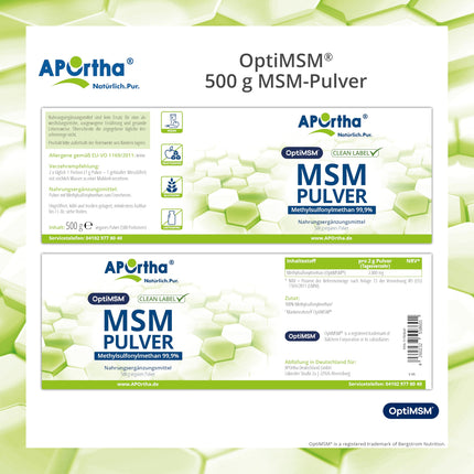 APOrtha® OptiMSM® MSM pulveris, 500 g vegāns pulveris, 99,9% tīrs metilsulfonilmetāns bez jebkādām piedevām, 1000 mg OptiMSM® MSM vienā porcijā, vegāns, bez glutēna, bez laktozes, bez alergēniem