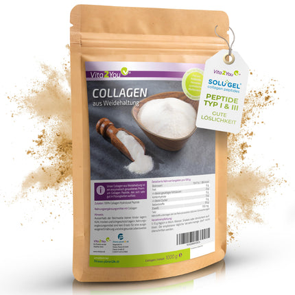 Vita2You kolagēna pulveris 1kg - bioaktīvs kolagēns - 100% Solugel® - no zāli barotām saimniecībām - 1. un 3. tipa peptīdu hidrolizāts - olbaltumvielas - 1000g - augstākā kvalitāte
