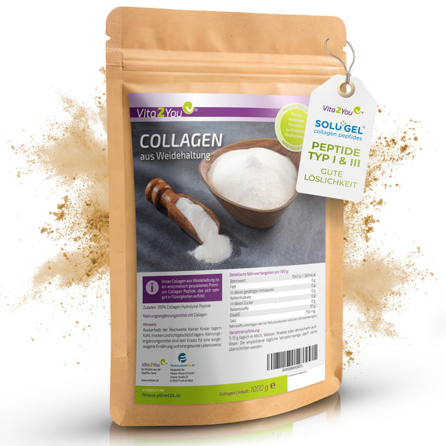 Vita2You kolagēna pulveris 1kg - bioaktīvs kolagēns - 100% Solugel® - no zāli barotām saimniecībām - 1. un 3. tipa peptīdu hidrolizāts - olbaltumvielas - 1000g - augstākā kvalitāte