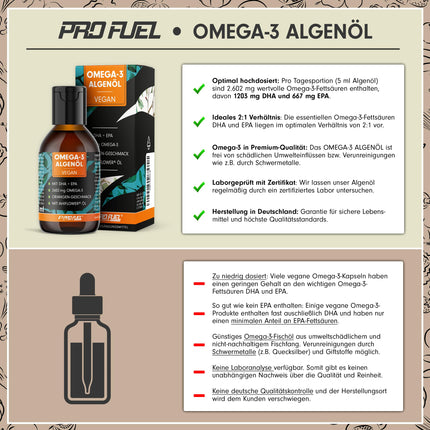 Omega-3 aļģu eļļa 100 ml - augsta deva ar 3665 mg aļģu eļļas, tostarp 1203 mg DHA un 667 mg EPA - vegāna Omega-3 eļļa + Ahiflower® eļļa ar patīkamu apelsīnu garšu - laboratoriski pārbaudīta ar sertifikātu