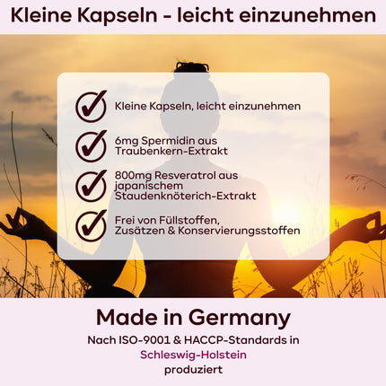 120 spermidīna kapsulas augstā devā - spermidīns 6 mg un 800 mg transresveratrola augstā devā - unikāla kombinācija - 2 mēnešu krājums