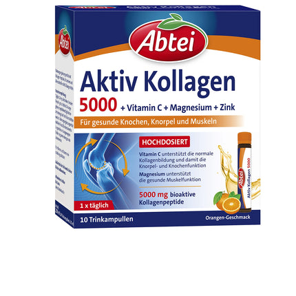 Abtei Active Collagen 5000 - veselīgiem kauliem, skrimšļiem un muskuļiem - ar C vitamīnu, magniju un cinku - bez cukura - 1 x 10 dzeršanas ampulas pa 25 ml katrā