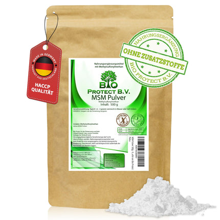 MSM pulveris 500g - 99,9% tīrs - Bez piedevām - Vegāns - 1/2 kg Premium MSM - Metilsulfonilmetāns - Organiskais sērs no Bio Protect