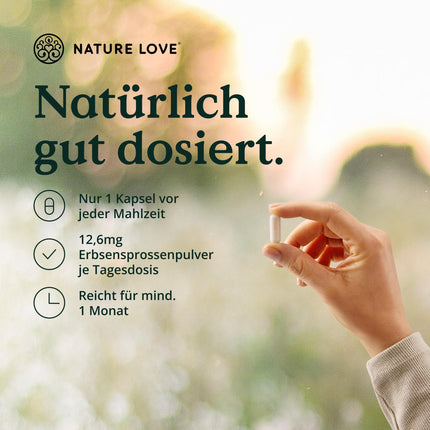NATURE LOVE® DAO enzīmu komplekss – ar B6 vitamīnu normālai enerģijas metabolismam* – augsta deva – no zirņu asnu pulvera, vegāns, laboratorijā pārbaudīts