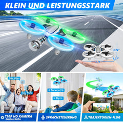 Mini drons ar HD 720P kameru bērniem, tālvadības drons ar LED gaismām, kvadrokopters ar 3D pagriezieniem, bezgalvas režīmu un 3 baterijām, 21 minūtes ilgs lidojuma laiks, rotaļu drons-helikopters bērniem un iesācējiem