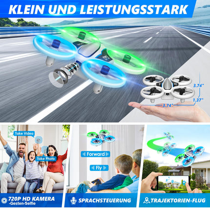 Mini drons ar HD 720P kameru bērniem, tālvadības drons ar LED gaismām, kvadrokopters ar 3D pagriezieniem, bezgalvas režīmu un 3 baterijām, 21 minūtes ilgs lidojuma laiks, rotaļu drons-helikopters bērniem un iesācējiem