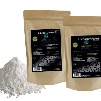 Michel'Naturprodukte glikozamīna sulfāta pulveris 1kg (2x500g) - tīrs glikozamīns - vegāns - no augu fermentācijas - glikozamīns - augstākā kvalitāte