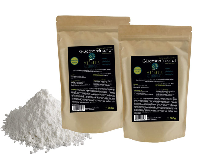 Michel'Naturprodukte glikozamīna sulfāta pulveris 1kg (2x500g) - tīrs glikozamīns - vegāns - no augu fermentācijas - glikozamīns - augstākā kvalitāte