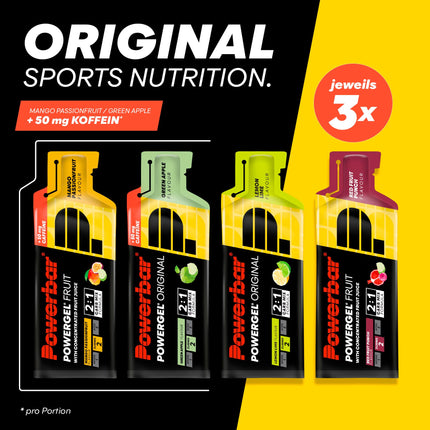 Powerbar - PowerGel daudzgaršu kaste - 12x41g - enerģijas želejas ar augstu ogļhidrātu saturu - ogļhidrātu attiecība 2:1 - nātrijs