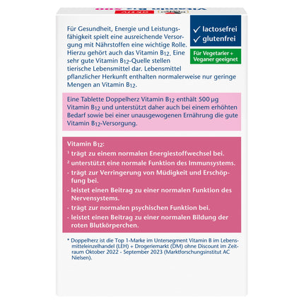 Doppelherz B12 vitamīns 500 - augsta deva ar 500 µg B12 vitamīna vienā tabletē - vegāns - 30 mini tabletes
