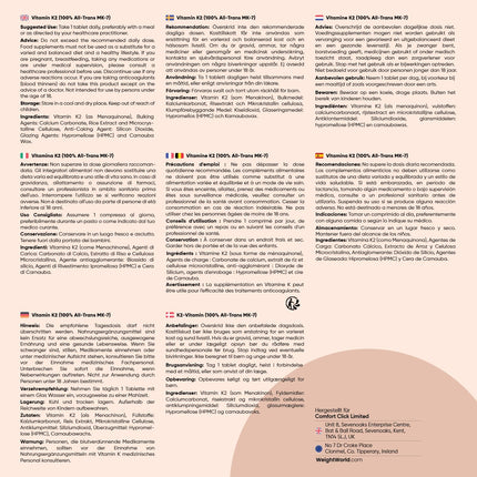 K2 vitamīna MK7-365 vegāniskās tabletes - 200µg devā - 100% trans-menahinons - 1 gada krājums - K vitamīna uztura bagātinātāji no WeightWorld