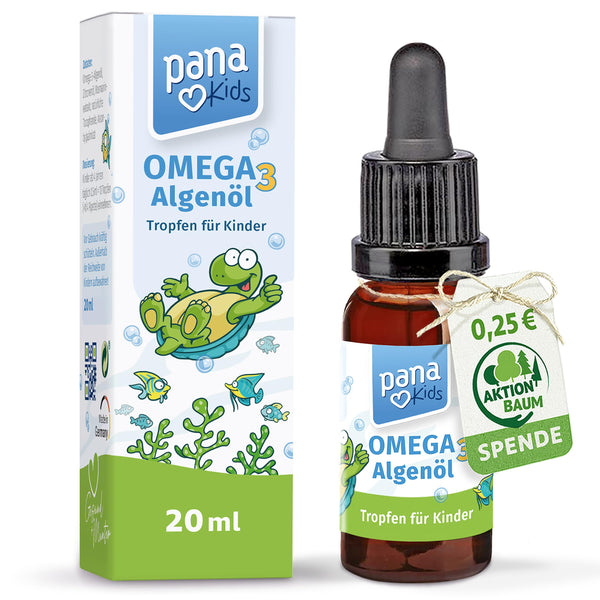 PanaKids Omega 3 pilieni bērniem - no 4 gadu vecuma - 100% vegāniski - 20 ml - ar DHA (316 mg) un EPA (158 mg) - Omega 3 bērniem no aļģu eļļas