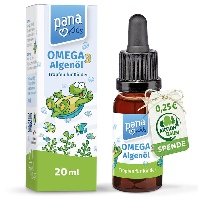 PanaKids Omega 3 pilieni bērniem - no 4 gadu vecuma - 100% vegāniski - 20 ml - ar DHA (316 mg) un EPA (158 mg) - Omega 3 bērniem no aļģu eļļas