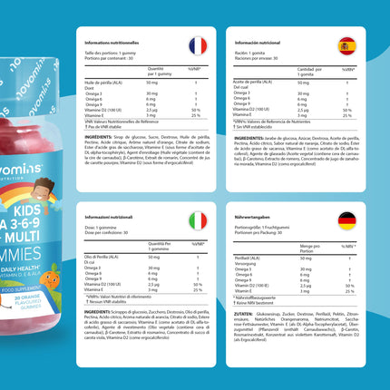 Bērnu Omega 3 6 9 gumijas konfektes – D vitamīns un E vitamīns – Vegāniskas Omega 3 taukskābes – 1 mēneša deva – Košļājamas uztura bagātinātāja tabletes – Uz augu bāzes veidota alternatīva zivju eļļai – Novomins bērnu vitamīni