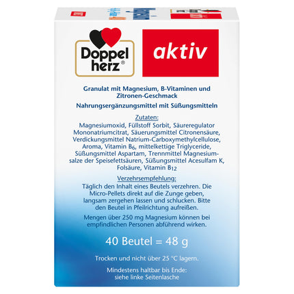 Doppelherz Magnijs 400 + B6 + B12 + Folskābe TIEŠI - Magnijs atbalsta normālu muskuļu un nervu sistēmas darbību - 40 vegānas porcijas