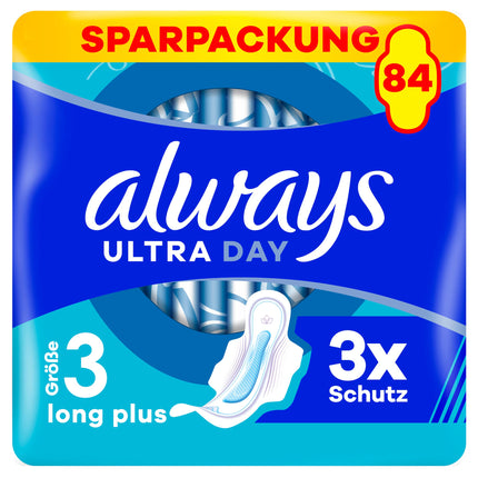 Always Ultra higiēniskās paketes sievietēm, 3. izmērs, Long Plus, 84 higiēniskās paketes ar spārniņiem (3 x 28 gab.), plānas un ļoti absorbējošas, neitralizē smakas un necaurlaidīgas
