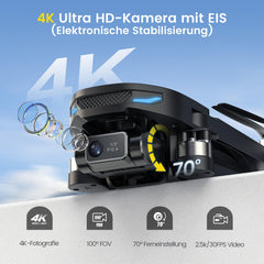 DEERC EIS 4K kameras drons ar 2 asu stabilizatoru pieaugušajiem, D65 RC droni zem 249 g, GPS seko man, 26 min. Ilgs lidojuma laiks, 5G attēla pārraide, vieda atgriešanās, profesionāls pilns komplekts iesācējiem, C0