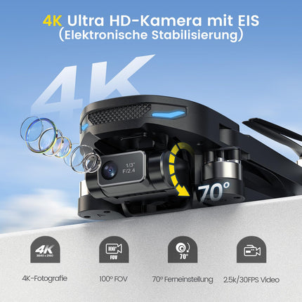 DEERC EIS 4K kameras drons ar 2 asu stabilizatoru pieaugušajiem, D65 RC droni zem 249 g, GPS seko man, 26 min. Ilgs lidojuma laiks, 5G attēla pārraide, vieda atgriešanās, profesionāls pilns komplekts iesācējiem, C0