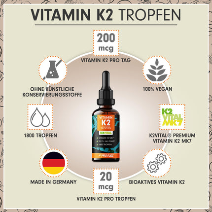 K2 vitamīna pilieni, augsta deva 1800x (50ml) - 200 µg K2 vitamīns MK7, K2VITAL® Premium vitamīns. K2 High Dose no Kappa ar 99,7+% transtaukskābju saturu - laboratorijā pārbaudīts ar sertifikātu, 100% vegāns