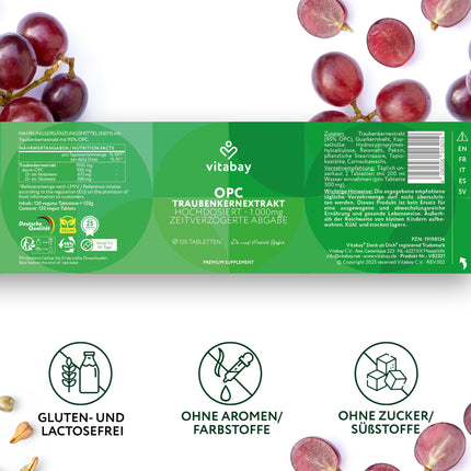 Vitabay OPC vīnogu kauliņu ekstrakts 1000 mg augsta deva - 120 vegānas kapsulas ar laika atbrīvošanu - vīnogu kauliņu ekstrakts ar polifenoliem - dabīgas augu vielas bez nevēlamām piedevām - laboratoriski pārbaudīts