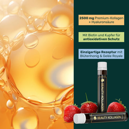 Luondu Beauty kolagēna dzeršanas ampulas ar hialuronskābi (30 ampulas ar 2500 mg augstākās kvalitātes šķidrā kolagēna) | Pretnovecošanās* Dzerams | Ar biotīnu, varu un C vitamīnu, ziedu medu un peru pieniņu