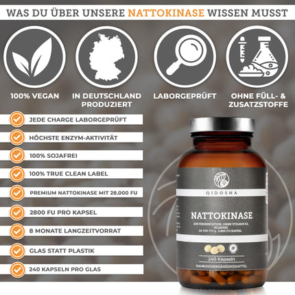 QIDOSHA® nāttokināzes kapsulas, augsta deva, visaugstākā enzīmu aktivitāte ar 28000 FU/g, 240 kapsulas stikla burkā, vegānas, bez K2 vitamīna, gala produkts bez sojas