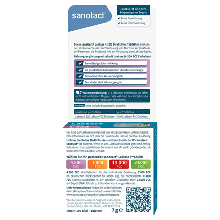 sanotact Lactase Direct 4500 mini tabletes – 100 gab. | Laktozes nepanesības gadījumā | Tūlītēja iedarbība | Var lietot bez ūdens | Praktisks dozators ar klikšķi