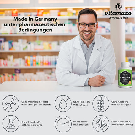 L-arginīna kapsulas ar augstu devu, 4500 mg dienā, 360 kapsulas tīra L-arginīna hidrohlorīda, kas iegūts augu fermentācijas ceļā, uztura bagātinātājs bez nevajadzīgām piedevām, ražots Vācijā