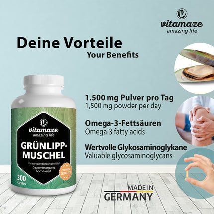 Zaļlūpu mīdiju kapsulas ar augstu devu: 1500 mg zaļlūpu mīdiju pulvera no Jaunzēlandes vienā dienas devā, 300 kapsulas nepārtrauktai lietošanai, dabīgs uztura bagātinātājs bez piedevām, ražots Vācijā