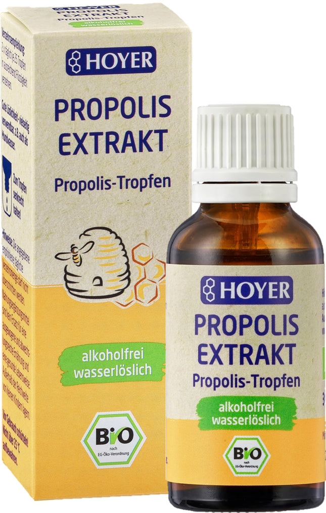 HOYER Propolisa pilieni organiskie - bezalkoholiski un ūdenī šķīstoši - tīrs propolisa ekstrakts kā uztura bagātinātājs vai ārīgai lietošanai - 30 ml