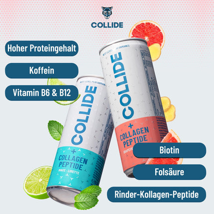 COLLIDE kolagēna dzēriens – Ieteicams līdz: 13.05.2025 – Piparmētru-laima – 24 x 250 ml – Bez cukura – Ar kolagēna hidrolizāta peptīdiem, B6 un B12 vitamīniem, folskābi, biotīnu un kofeīnu – Iesk. 6 eiro iemaksa