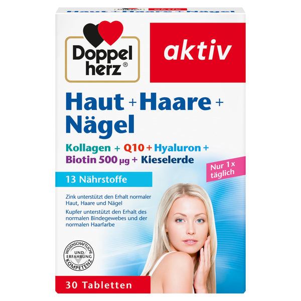 Doppelherz Skin + Hair + Nails - 13 uzturvielas - Ar cinku un biotīnu, kas veicina normālas ādas, matu un nagu uzturēšanu - 30 tabletes