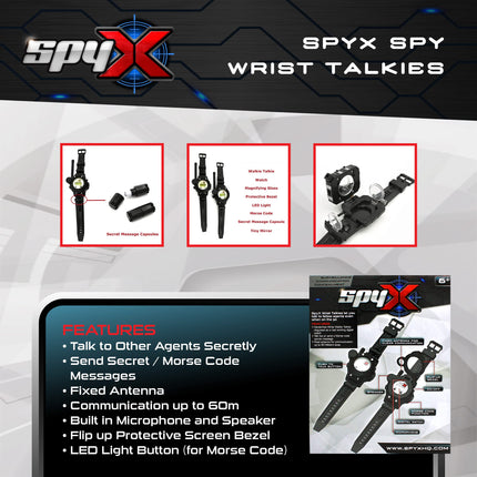 SpyX 10538 spiegošanas rācijas uz rokas bērniem — brīvroku slepena saziņa, izmantojot maskētas rācijas jautrām spiegošanas misijām — iekļauta pulksteņa maskēšanās un Morzes koda opcija, 6+