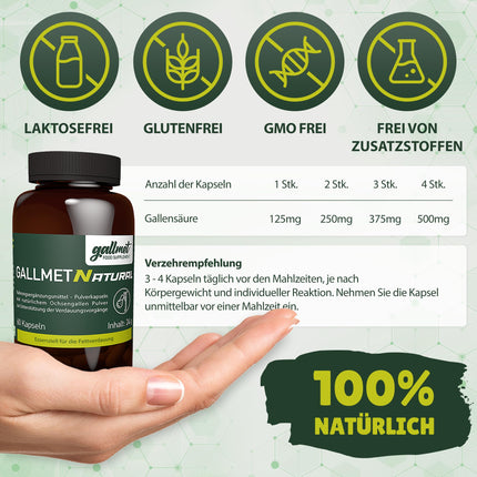 GALLMET Natural 60x vērša žults 125 mg žults sāls dabiski atbalsta gremošanas problēmas, tauku gremošanu, atbalstu pēc žultsakmeņiem - vērša žults kapsulas 125 mg vienā kapsulā - Ražots ES