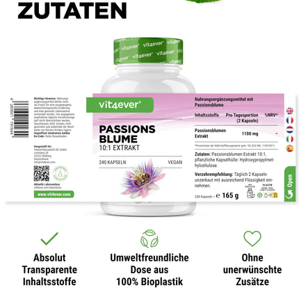 Pasifloras ekstrakts - 240 kapsulas - Premium: 1100 mg ekstrakta 10:1 (atbilst 11000 mg pasifloras) vienā dienas devā - Īpaši liela deva - Bez nevēlamām piedevām - Vegāns - Laboratorijā pārbaudīts