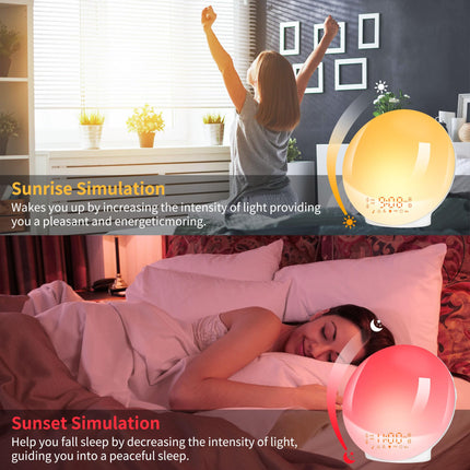 Tageslichtwecker Lichtwecker Wake up Light Sonnenaufgang Sonnenuntergang Simulation Wecker Radio 7 Naturgeräusche 2 Alarmen Snooze 11 Farblicht 20 Helligkeit Nachttischlampe Erwachsene (gelb)