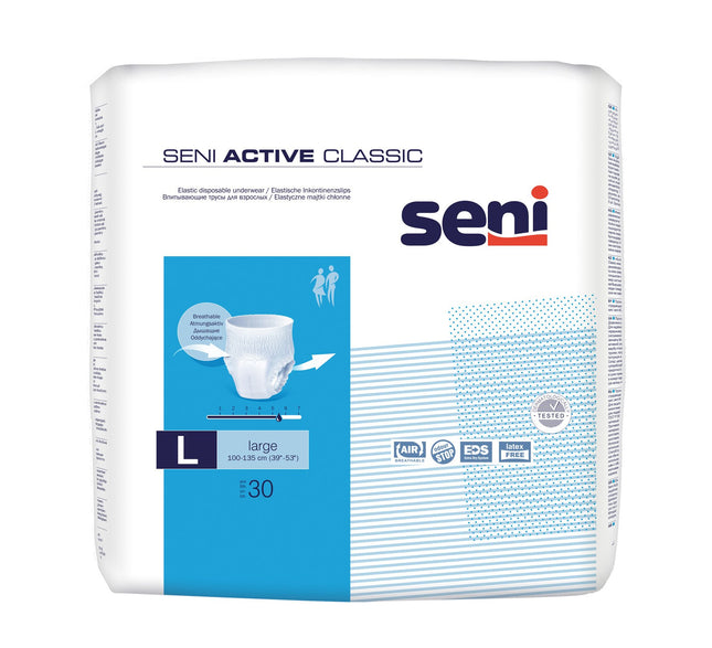 Seni 14743 Active Classic bikses, lielas, ar 5,5 cm augstu jostasvietas apkārtmēru, 100–135 cm, 30 gabali