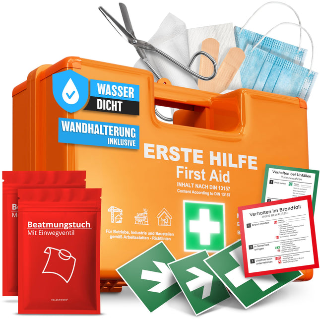 HELDENWERK Erste Hilfe Kasten nach neuer DIN 13157:2021 inkl. Wandhalterung & Aufklebern|Universal Erste Hilfe Koffer für Betrieb, Haushalt oder Gastronomie - Büro Verbandskasten gefüllt, Sanikasten