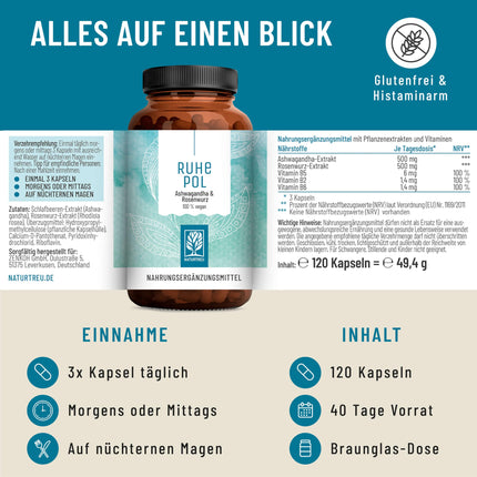 NATURTREU® Ruhepol - Ašvagandas kapsulas augstā devā - 120 vegānas kapsulas - 500 mg Ašvagandas dienā - Ašvagandas komplekss ar Rhodiola Rosea ekstraktu - Bez nevēlamām piedevām - Laboratorijā pārbaudīts