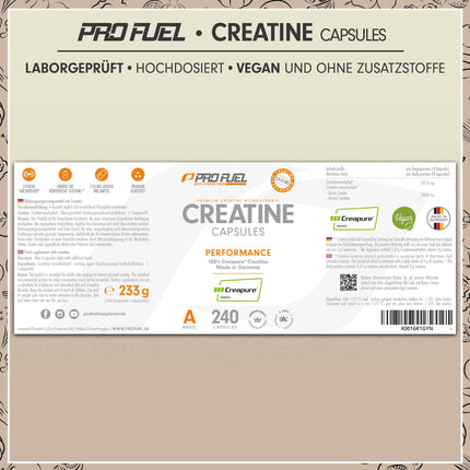 Kreatīna kapsulas 240x ar 850 mg Creapure® kreatīna monohidrāta - augstas kvalitātes kreatīns, ražots Vācijā - optimāli dozēts ar 3000 mg tīra kreatīna dienā - laboratoriski pārbaudīts ar sertifikātu - 100% vegāns