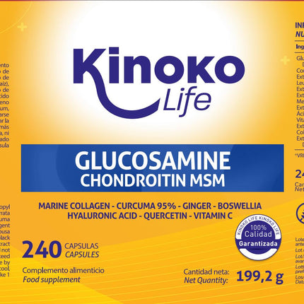 Kinoko life glikozamīns un hondroitīns – 240 kapsulas ar MSM, jūras kolagēnu, hialuronskābi, kurkumu, melnajiem pipariem, ingveru, bosvēliju un kvercetīnu. Locītavām, skrimšļiem un kauliem