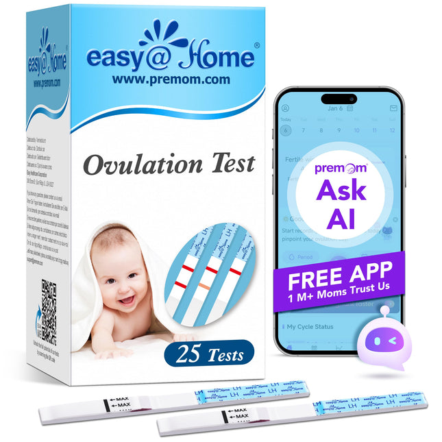 Easy@Home 25 ovulācijas tests. Auglības tests sievietēm. Ovulācija 25 mSV/ml, uzticama cikla un auglības uzraudzība ar Premom ovulācijas lietotni, 25 LH tests.