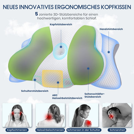 Ortopēdiskais spilvens kaklam, galvas spilvens kakla sāpēm, atmiņas putu spilvens kakla un plecu sāpēm, ergonomisks galvas spilvens sānu, muguras un vēdera gulētājiem, 64 x 39 x 14/10 cm