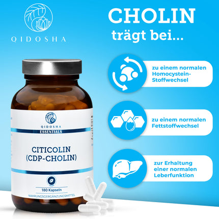 QIDOSHA® CDP holīna (citikolīna) kapsulas, 180 kapsulas aptiekas glāzē, 250 mg citikolīna/CDP holīna vienā kapsulā, vegāns, laboratorijā pārbaudīts, ražots Vācijā, citikolīna CDP holīns 250 mg