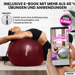 unycos - vingrošanas bumba 75 cm sēdbumba treniņu bumba jogai, fitnesam, medicīnas bumba, līdzsvara bumba, korsetes spēka treniņiem, Pilates bumba | Ieskaitot pumpis, bez BPA, pretplīsuma (tumši rozā ar logotipu)