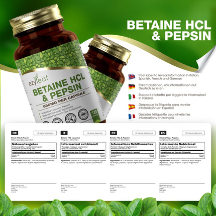 Ezyleaf betaīna hidrohlorīds pepsīns 680 mg | 120 vegāniskas betaīna HCL kapsulas | Betaīna hidrohlorīds ar pepsīnu | Gremošanas enzīmi | Bez mākslīgām sastāvdaļām | ISO sertificēts, bez glutēna un ĢMO | No Lielbritānijas